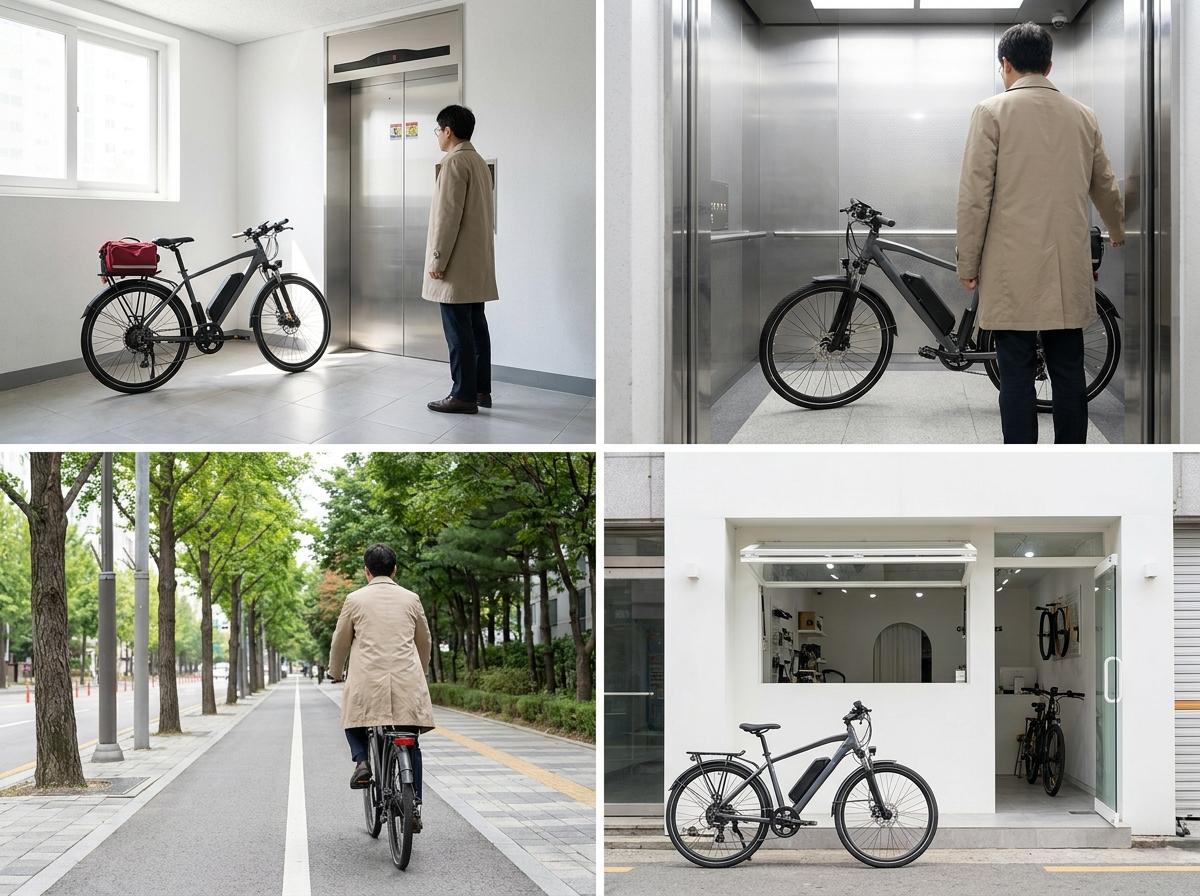엘리베이터 옆 보관 공간에서 출퇴근용 전기자전거를 살펴보는 모습