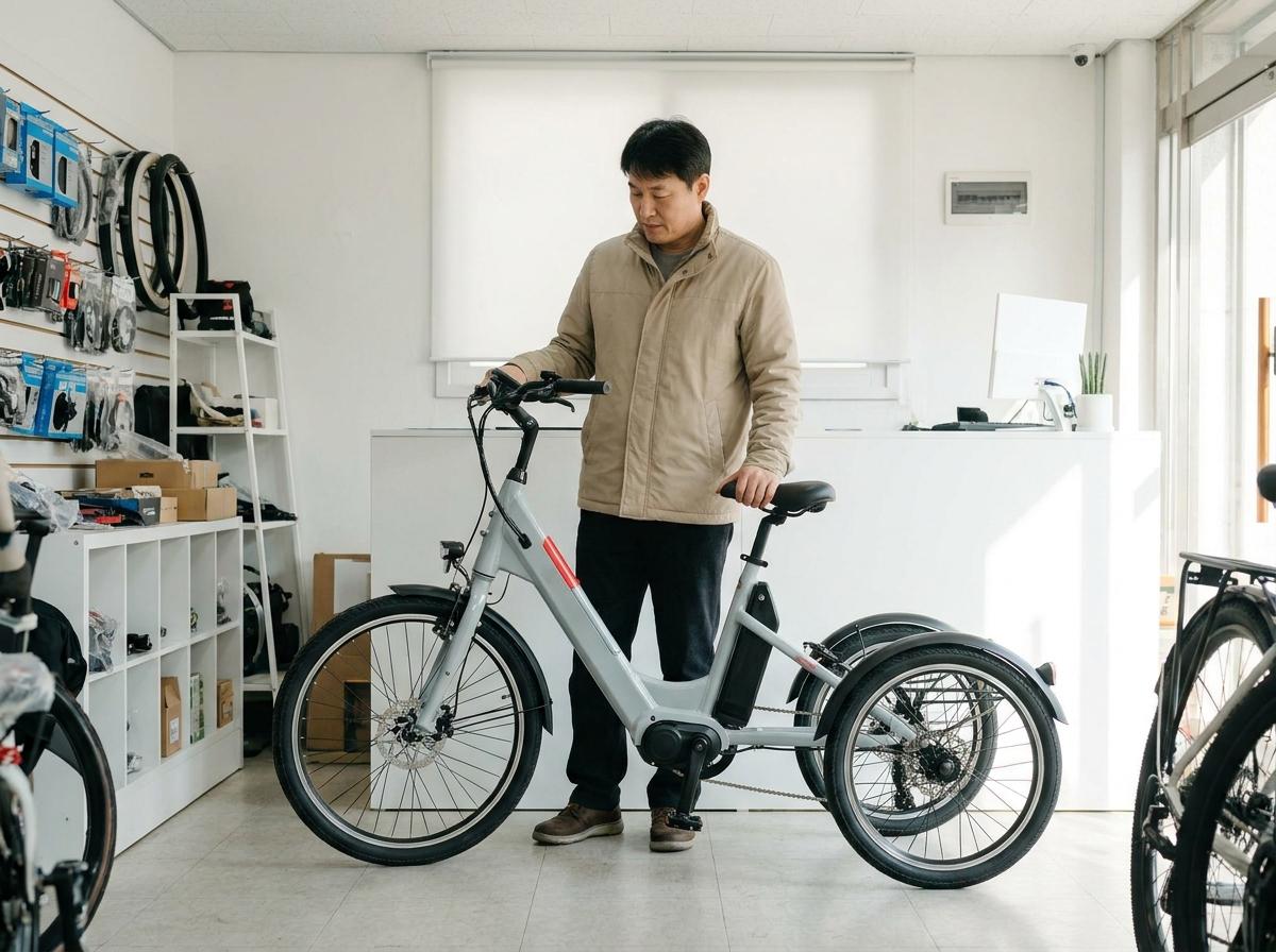 동네 자전거 매장에서 페달과 배터리 등 구성 부품을 살펴보는 삼륜 전기자전거 구매자
