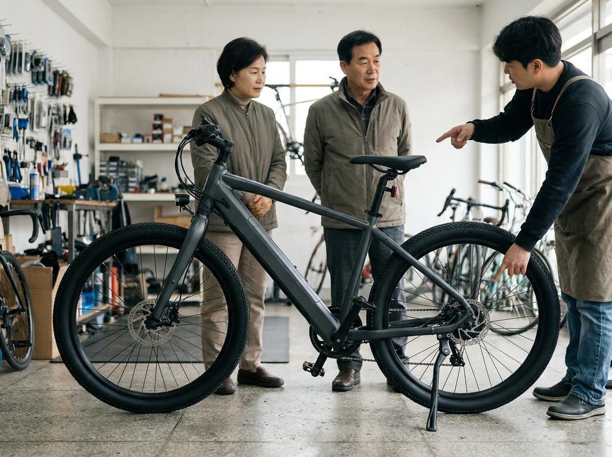 자전거 매장에서 앞바퀴와 뒷바퀴 제동장치 위치를 살펴보는 모습