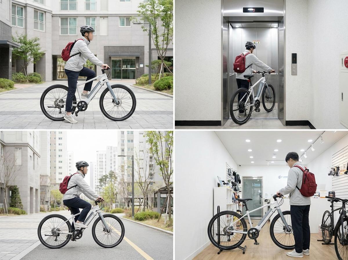 아파트 앞에서 전기자전거의 첫 출발을 준비하는 출퇴근 라이더