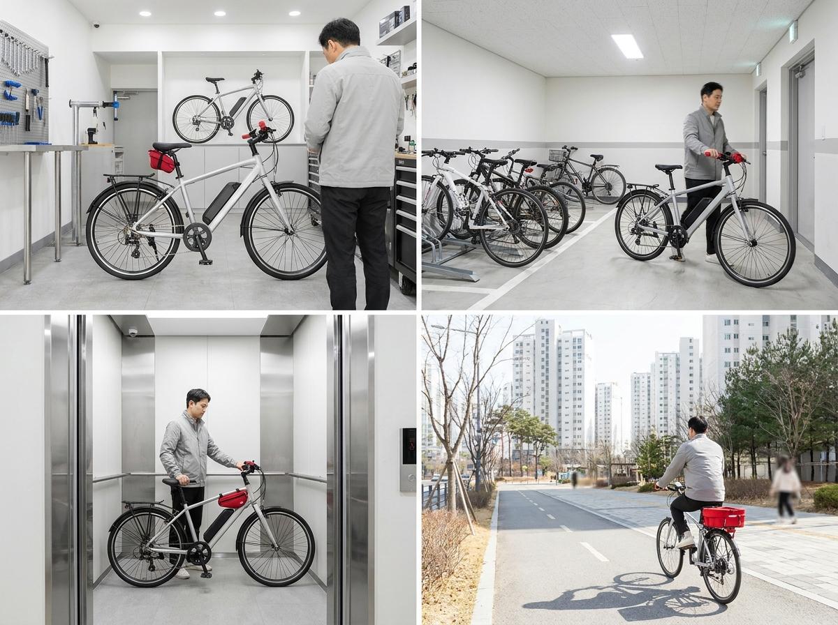 자전거 매장에서 전기자전거의 구동부와 배터리 위치를 살펴보는 모습