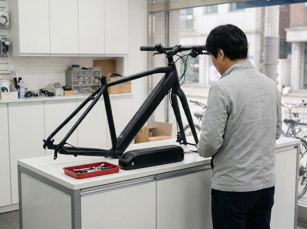 전기자전거 매장에서 자전거와 배터리를 살펴보는 구매자