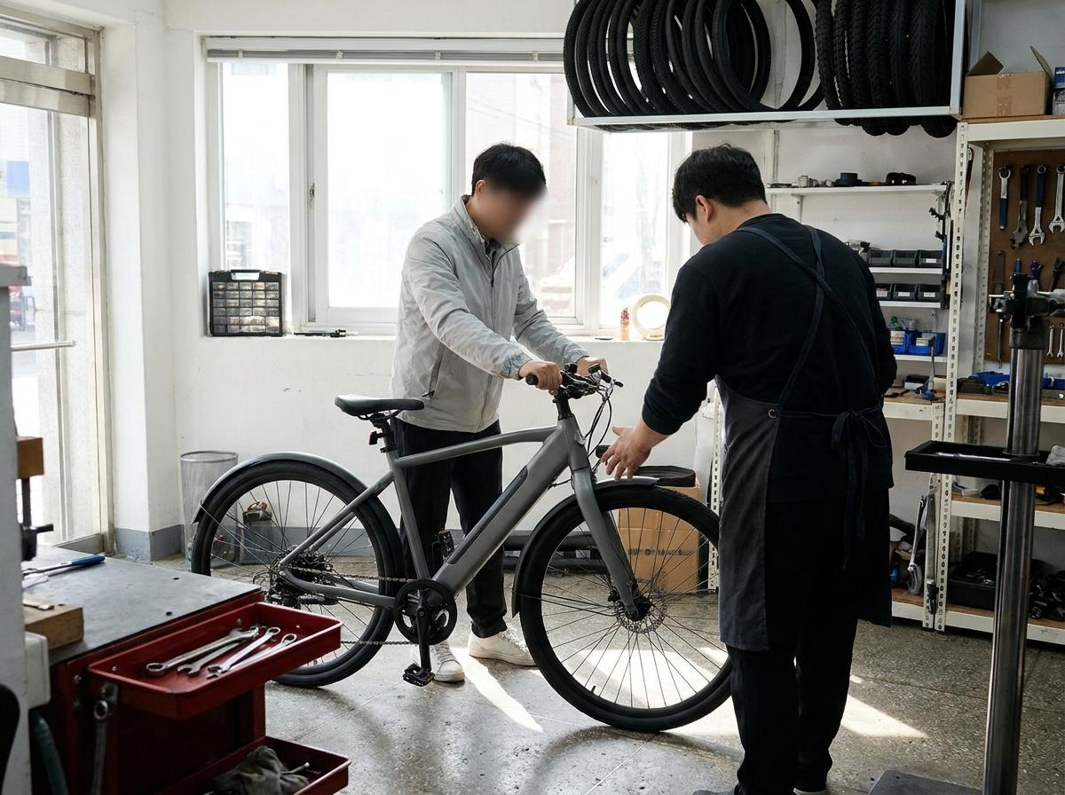 자전거 매장에서 페달과 조작 위치를 살펴보는 구매 점검 예시