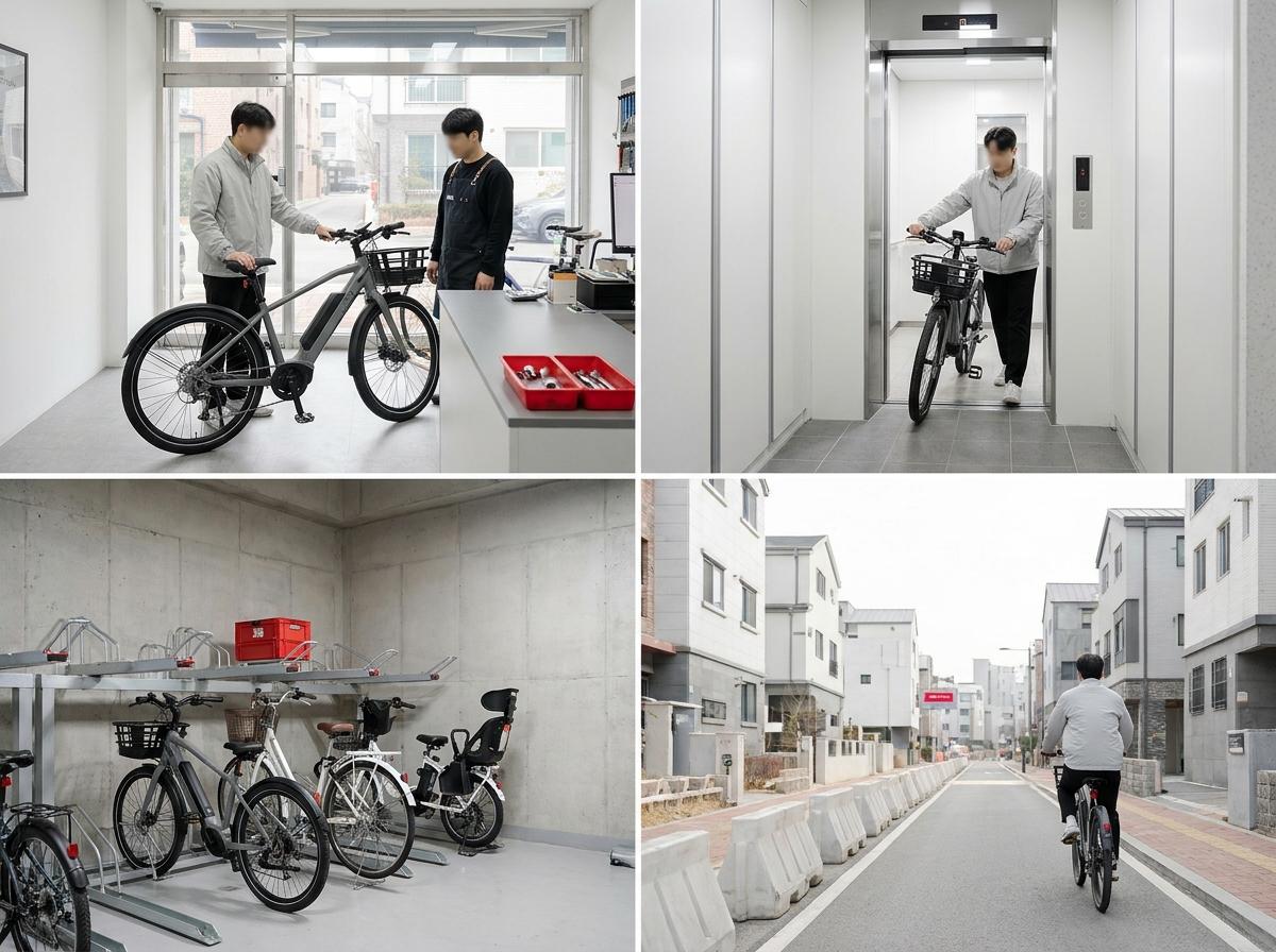 자전거 가게에서 표시창 상태를 설명하며 점검을 의뢰하는 모습
